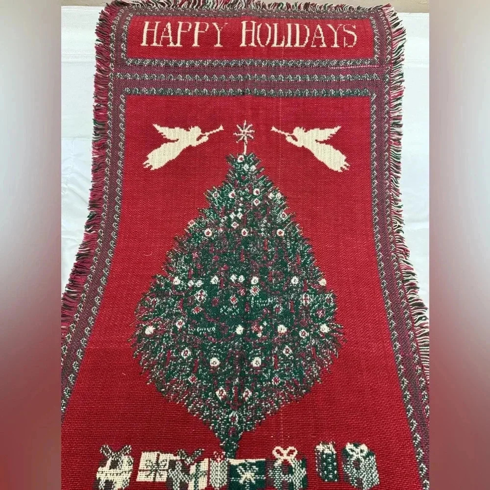 Vintage Christmas Happy Holidays Throw Blanket Tapestry Wall Hanging TableRunner - Picture 3 of 9
